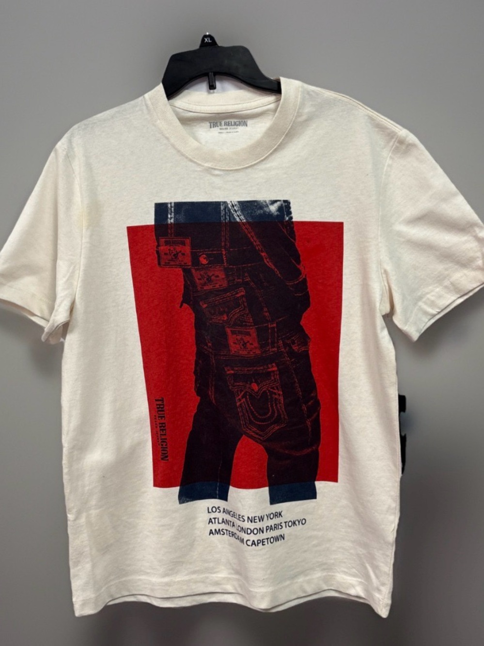 NWT True Religion Men’s Cream Graphic Crewneck T-Shirt with Red and Blue Print